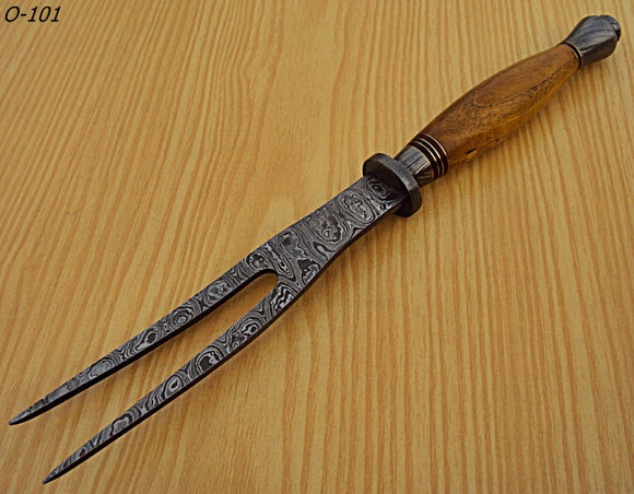 REG-O-101- Handmade Damascus Steel Fork- Exotic Marindi Wood Handle.