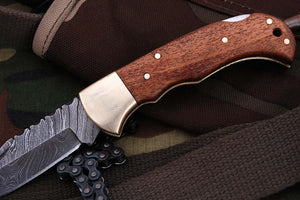 FN-9003, Custom Handmade Damascus Steel 6.04 Inches Folding Knife - Beautiful Wallnut Wood Handle with Brass Bolster