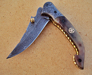 FN -32 Custom Handmade Damascus Steel Folding Knife - Beautiful Camel Bone Handle with Damascus Steel Bolsters