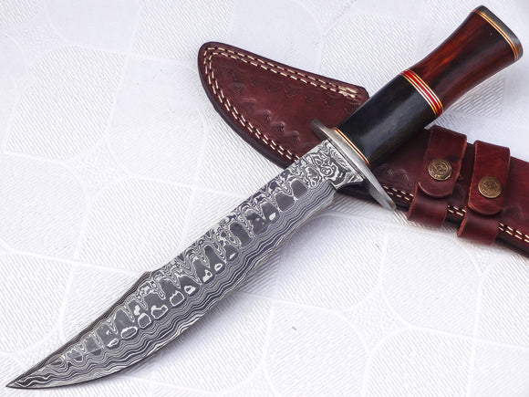 REG 1314- B- Handmade Damascus Steel 15.25 Inches Bowie Knife - Solid Marindi Wood/Bone Handle