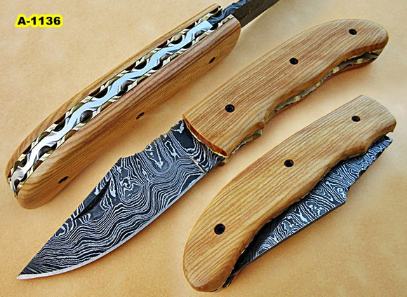 FNA-1136, Custom Handmade Damascus Steel Folding Knife - Beautiful Olive Burrel Wood Handle