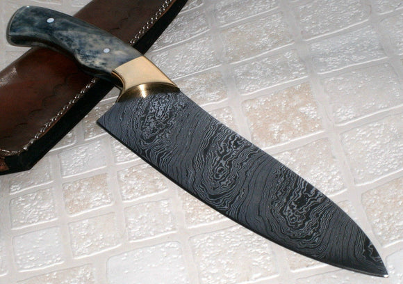 CF-37 Style Damascus Steel Chef Knife – Brass Bolsters & Colored Bone Handle
