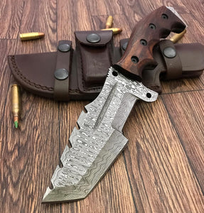 TR-1168 Custom Handmade Damascus Steel 10 Inches Tracker Knife - Perfect Grip walnut wood Handle (TR-987) (TR-2195)