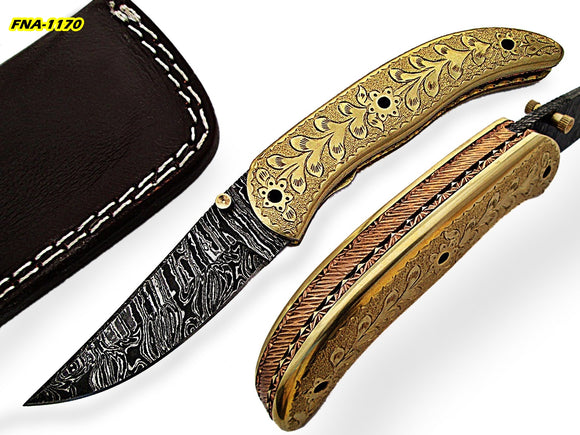 FN-32 Custom Handmade Damascus Steel 7.3 Inches Folding Knife - Gorgeous Hand Engraving on Full Tang Brass Handle
