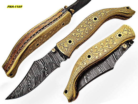 FNA-1169, Custom Handmade Damascus Steel 7.6 Inches Folding Knife - Gorgeous Hand Engraving on Full Tang Brass Handle