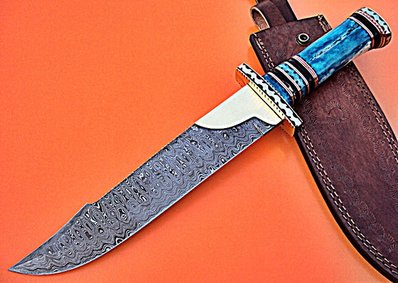 RG-50 Handmade Damascus Steel 15.00 Inches Hunting Knife - Beautiful Brass File Work on Handle