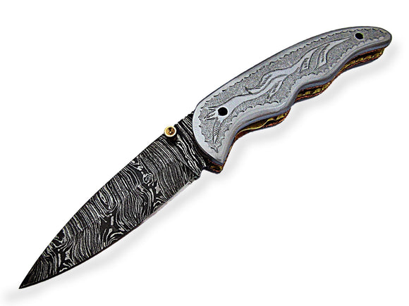 FNA-1175, Custom Handmade Damascus Steel 7.3 Inches Folding Knife - Gorgeous Hand Engraving on  Stainless Steel Handle