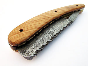 RZ-2081 Custom Handmade Damascus Steel Straight Razor - Beautiful File Work on Olive Wood Handle