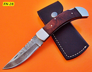 FN-78 Custom Handmade Damascus Steel Folding Knife - Solid Rose Wood Handle with Stainless Steel Bolsters