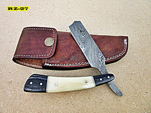 RZ-27, Custom Handmade Damascus Steel Straight Razor - White Bone and Doller Sheath Handle
