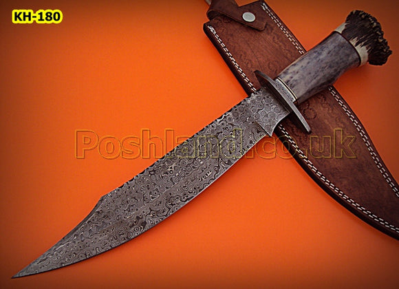 RG-221 Handmade Damascus  Steel 17 Inches Hunting Knife - Beautiful Stag Crown & Colored Bone Handle with Damascus Steel Guard