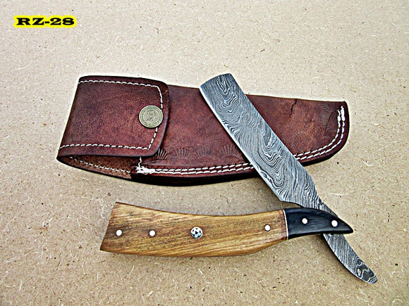 RZ-28, Custom Handmade Damascus Steel Straight Razor - Exotic Olive Wood and Doller Sheath Handle