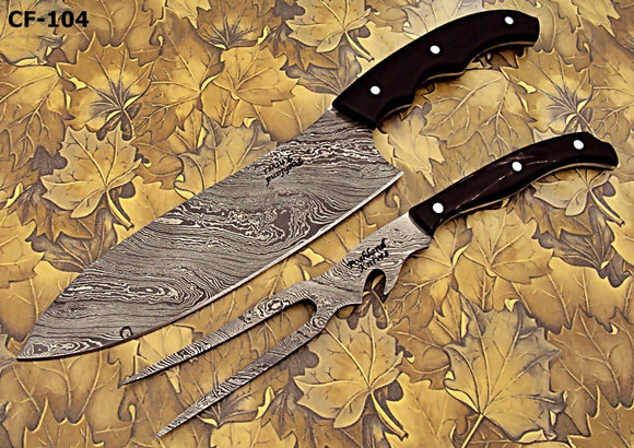CF-04 Custom Handmade Damascus Steel 12 Inches Chef Knife Set – Solid Jean Micarta Knife Handle and Bull Horn Fork Handle