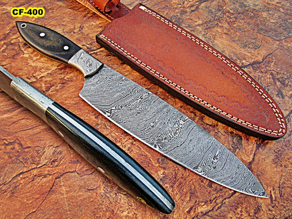 CF-31 Custom Handmade Full Tang Damascus Steel Chef Knife - Black Brown Canvas Micarta Handle with Damascus Steel Bolster