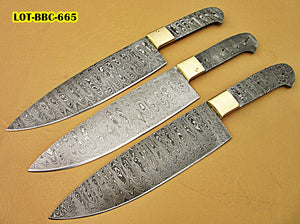 LOT-BBC-665,  Handmade Damascus Steel 12 Inches Full Tang Chef Knife Set with Brass Bolsters