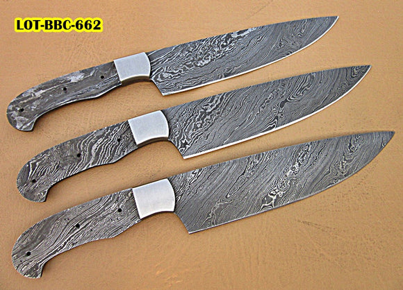 LOT-BBC-662,  Handmade Damascus Steel 12 Inches Full Tang Chef Knife Set with Stainless Steel Bolsters