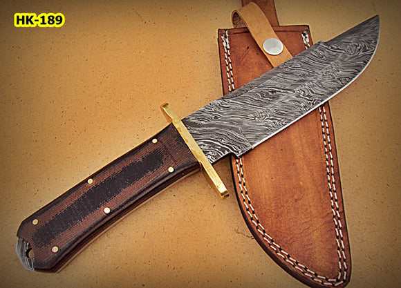 RG-110, Handmade Damascus Steel 12 Inches Bowie Knife - Black Brown Micarta Handle with Brass Guard