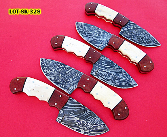 BC-127 Custom Handmade Damascus Steel Skinner Knife Set (Lot of Five) - Beautiful White Bone & Brown Micarta Handle