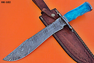 RG-51 Handmade Damascus Steel 15.0" Inches Bowie Knife - Coluured Bone.Handle,Brass Guard.