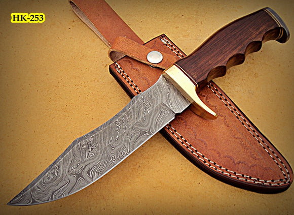 RG-38 Handmade Damascus Steel 11.4 Inches Bowie Knife - Perfect Grip Rose Wood Handle with Brass Guard