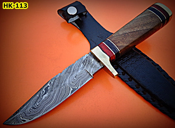 RG-19 Handmade Damascus Steel 10.2 Inches Bowie Knife - Solid Wall Nut Wood Handle with Brass Guard