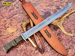 Sw-08 Handmade Damascus Steel 23.4 Inches Sword - Three Tone Micarta Handle with Damascus Steel Guard