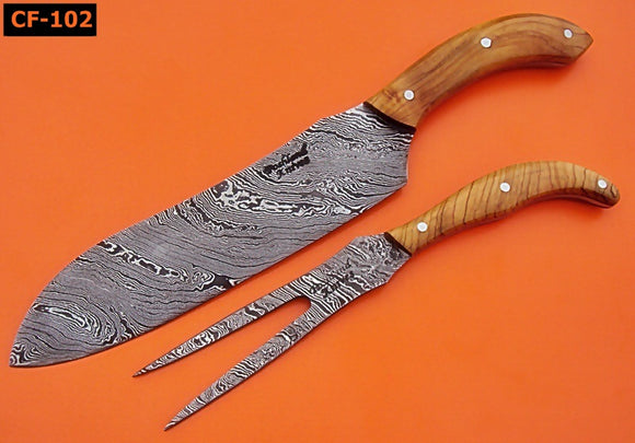 CF-11 Handmade Damascus Steel Chef Carving Knife Set -Olive Burl Wood Handles