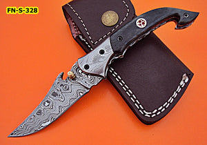 FN-S-328, Handmade Damascus Steel Folding Knife – Colored Bone Handle with Damascus Steel Bolsters