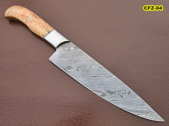 CF-22 Custom Handmade Damascus Steel 12.00 Inches Chef Knife - Beautiful Olive Burrel Wood Handle with Stainless Steel Bolster