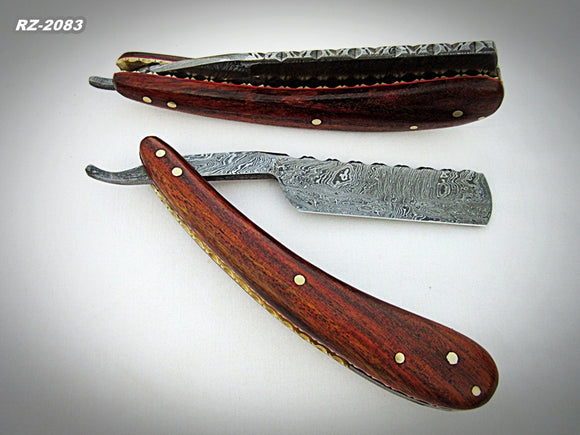 RZ-2083, Custom Handmade Damascus Steel Straight Razor  - Beautiful File Work on Rose Wood Handle