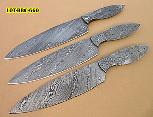 LOT-BBC-660,  Handmade Damascus Steel 12 Inches Full Tang Chef Knife Set with Damascus Steel Bolster - Best Quality Blank Blades