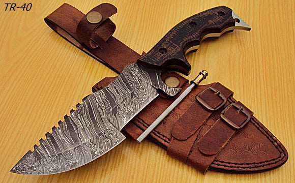 TR-40 Custom Handmade Damascus Steel Tracker Knife- Stunning Micarta Handle