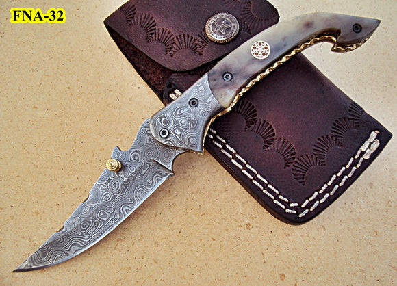 FN -32 Custom Handmade Damascus Steel Folding Knife - Beautiful Camel Bone Handle with Damascus Steel Bolsters