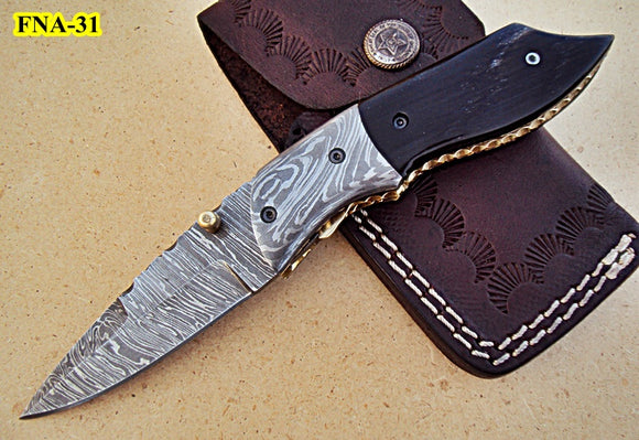 FNA-31 Custom Handmade Damascus Steel Folding Knife- Bull Horn Handle with Damascus Steel Bolsters