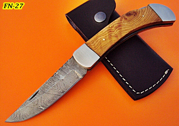 FN-27 Custom Handmade Damascus Steel Folding Knife -Olive Wood Handle