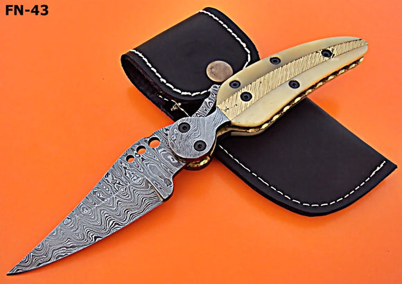 FN-430, Custom Handmade Damascus Steel Folding Knife - Solid Camel Bone Handle with Damascus Steel Bolster