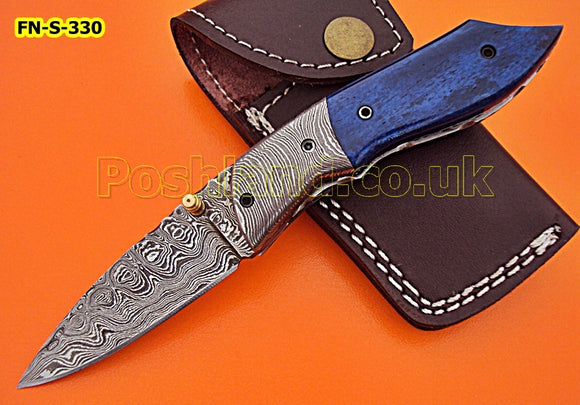 FN-S-330, Handmade Damascus Steel Folding Knife – Beautiful Colored Bone Handle with Damascus Steel Bolster