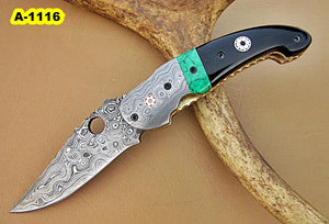 FA-1116, Custom Handmade Damascus Steel Folding Knife-[Rain Drop] - Beautiiful Bull Horn, Green Stone  with Damascus Steel Bolsters. Amazing File Work And Two Musice Pins Each Side.