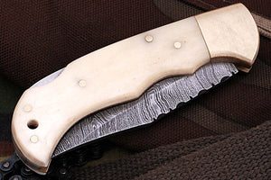 FN-9004, Custom Handmade Damascus Steel 6.04 Inches Folding Knife - Beautiful white Camel Bone Handle with Brass Bolster
