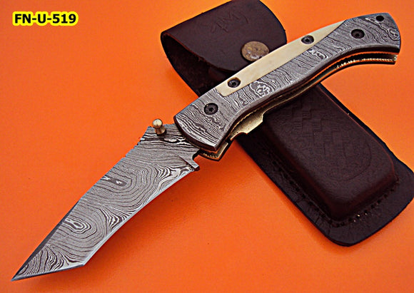 FN-U-519, Custom Handmade Full Tang Damascus Steel Folding Knife with White Bone Handle