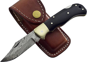 FN-9002, Custom Handmade Damascus Steel 6.04 Inches Folding Knife - Beautiful Bull Horn Handle with Brass Bolster