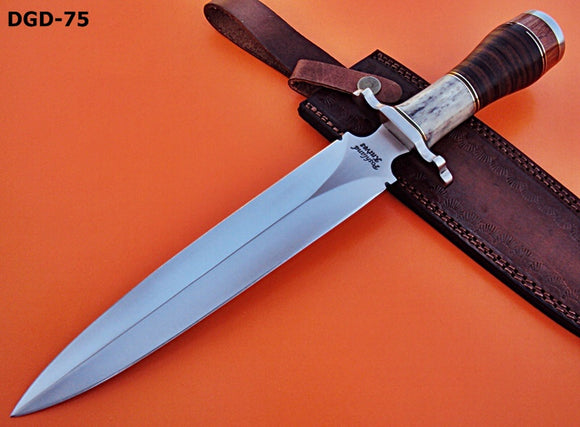 DG-22 Handmade D-2 Stainless Steel 15 Inches Dagger Knife – Leather Sheath and Bone Handle with Stainless Steel Guards