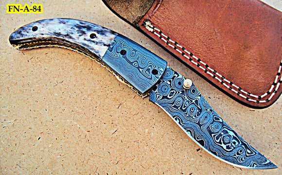 FN-A-84, Custom Handmade Damascus Steel Folding Knife - Colored Bone Handle with Damascus Steel Bolsters