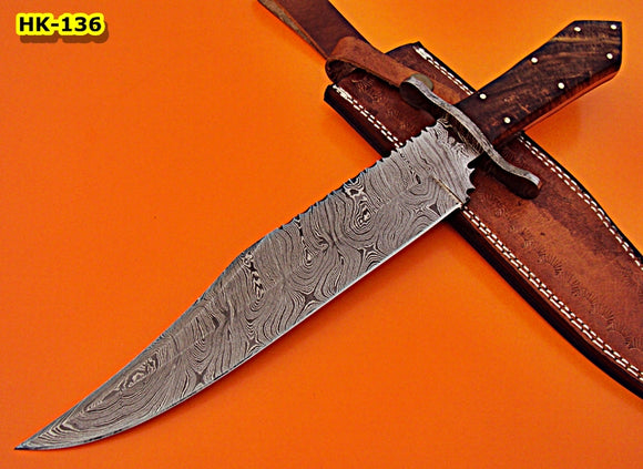 REG-HK-136, Custom Handmade 15.00 Inches Damascus Steel Bowie Knife – Exotic Rose Wood Handle with Demascus Steel Guard