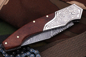 FN-03, Custom Handmade Damascus Steel 7.4 Inches Folding Knife - With Beautiful Walnut Wood Handle with Damascus Steel Bolster