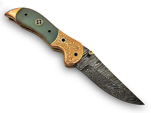 FN-74 Custom Handmade Damascus Steel 7.4 Inches Folding Knife - Gorgeous Hand Engraving on Green Micarta and Browns Metal Handle