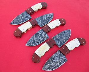 BC-127 Custom Handmade Damascus Steel Skinner Knife Set (Lot of Five) - Beautiful White Bone & Brown Micarta Handle