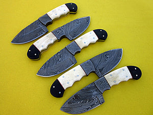 LOT-BC-126  Custom Handmade Damascus Steel Skinner Knife Set (Lot of Five) - Beautiful White Bone & Black Micarta Handle