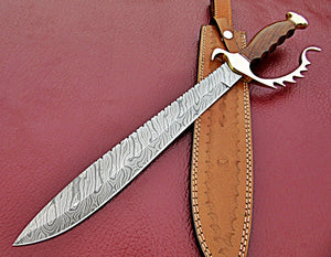 RG-236 Handmade Damascus Steel 19.00 Inches Bowie Knife - Perfect Grip Rose Wood Handle with Beautiful Brass Guard