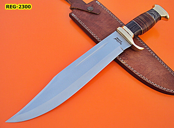 REG-2300, Handmade 440c Stainless Steel 16.4 Inches Bowie Knife - Solid Black Doller Sheet and Leather Hides Handle with Brass Guards